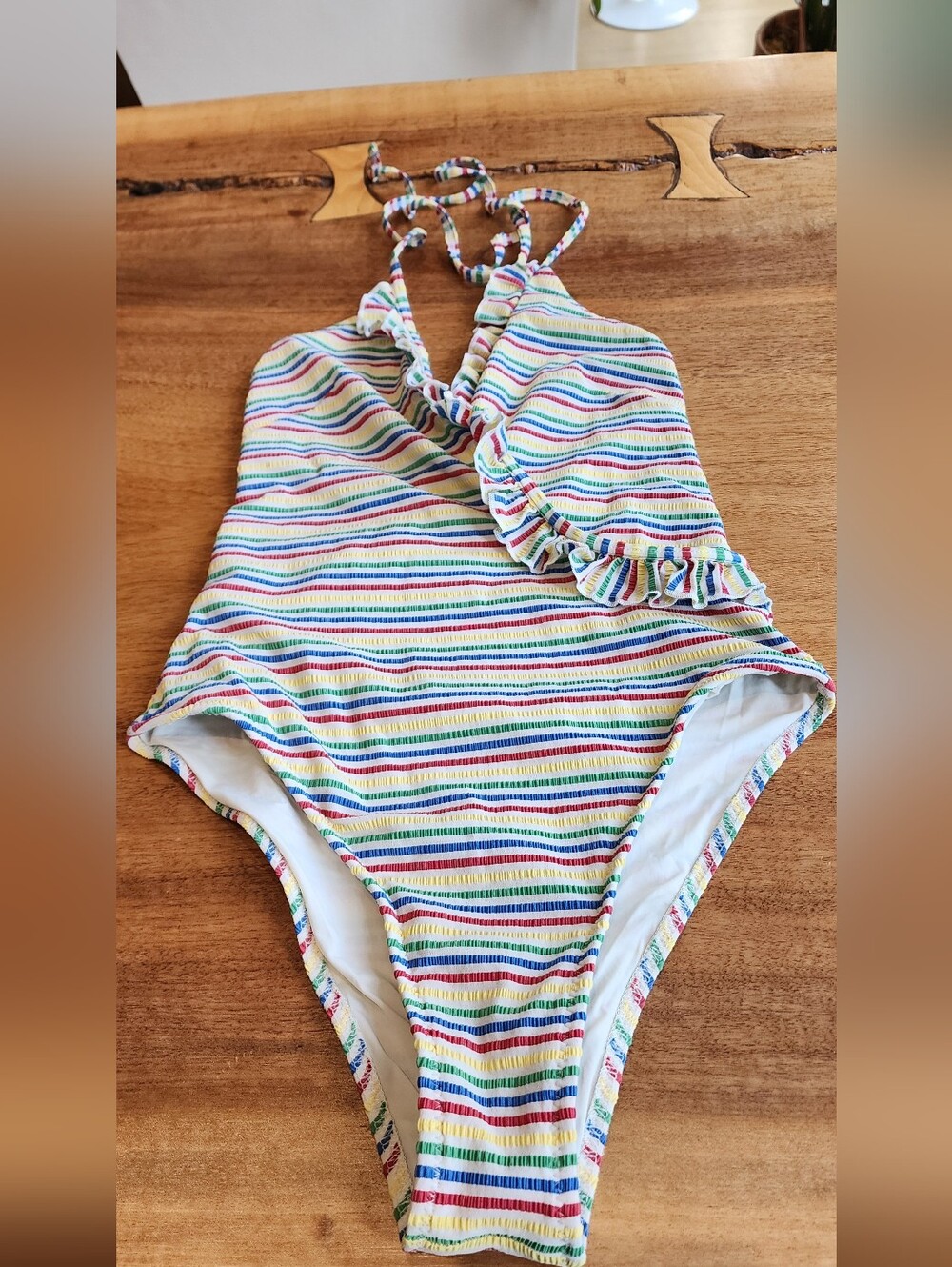 SOLID & STRIPED Nadine Seersucker Striped Ruffle Halter One-Piece Size S - Picture 12 of 12